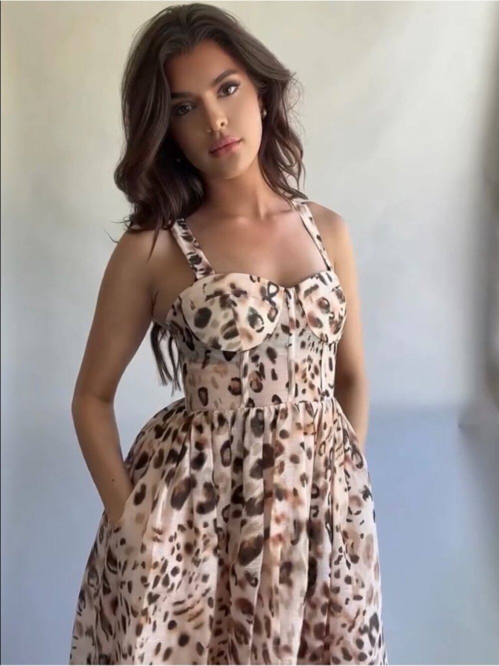 NEW CARA CARA Pheobe Midi Dress Bustier Cheetah Blush Brown Tan Cream US 4 UK 8